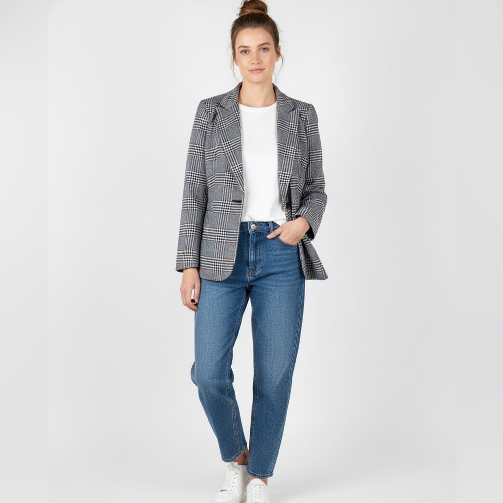 Premise Black and White Women Plaid Blazer Size 6